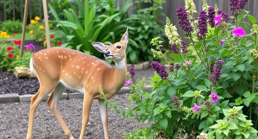 Deer in garden nibbling plants