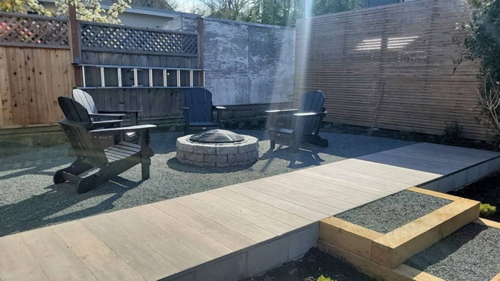 Backyard gravel and paver fire pit lounge complete